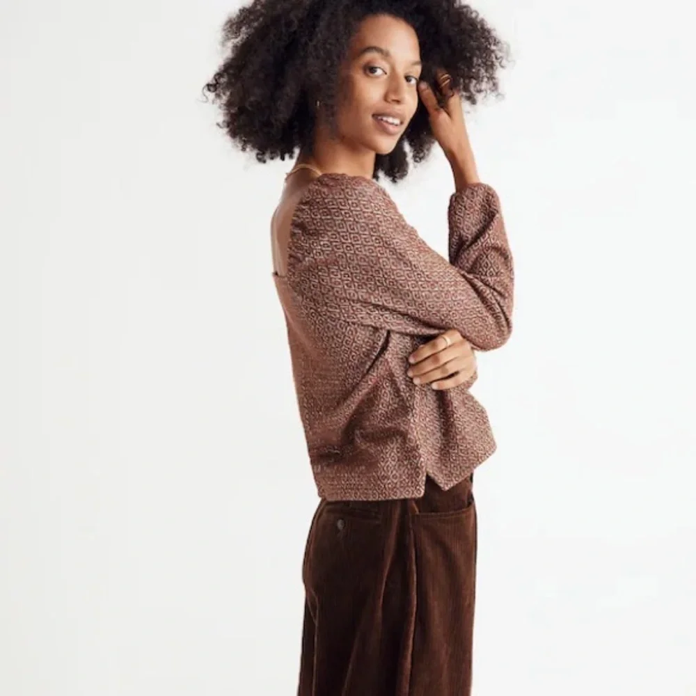 MADEWELL Jacquard Puff-Sleeve Boho Cropped Long Sleeve Blouse Top